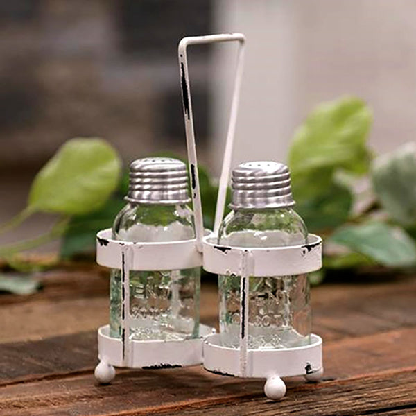 Whitewash Salt and Pepper Shakers with Caddy