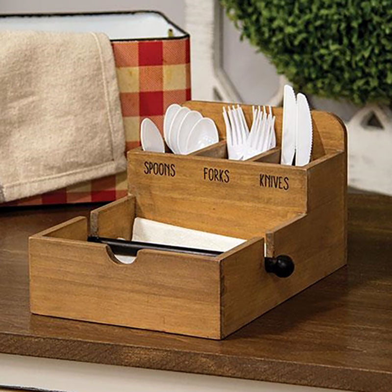 wooden napkin and flatware holder