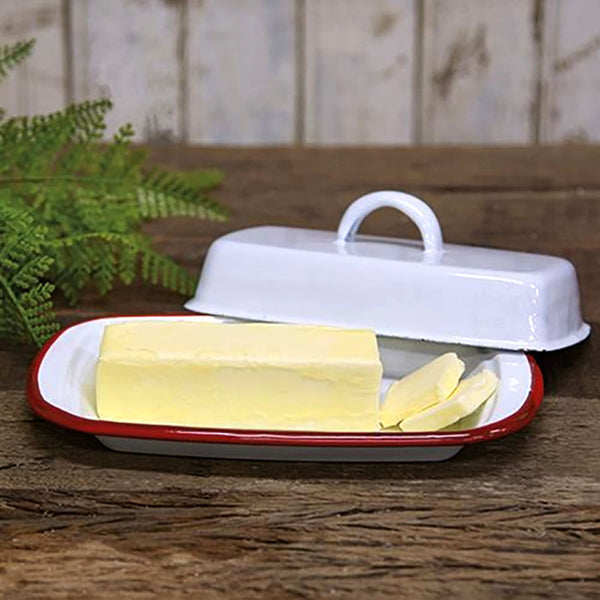 baked enamel butter dish red