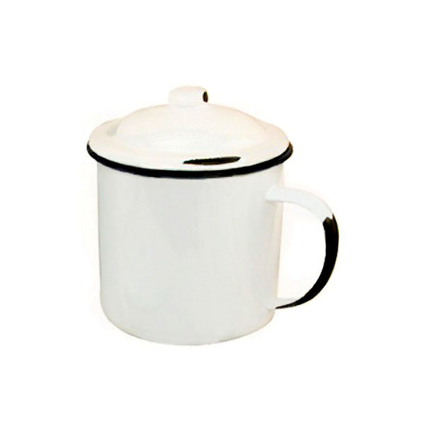 large baked enamel mug with lid
