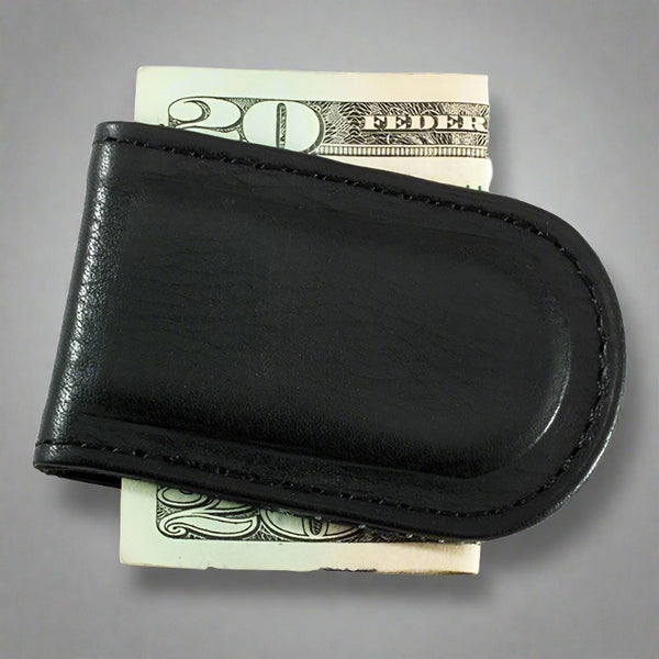 black pebbled leather magnetic money clip