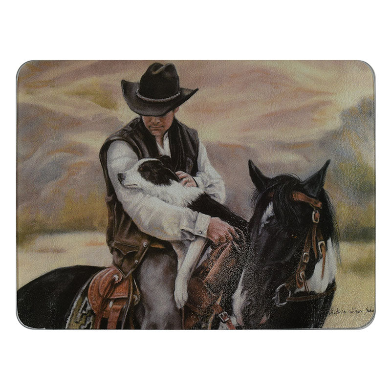 all a cowboy needs horse dog & rider glass cutting board