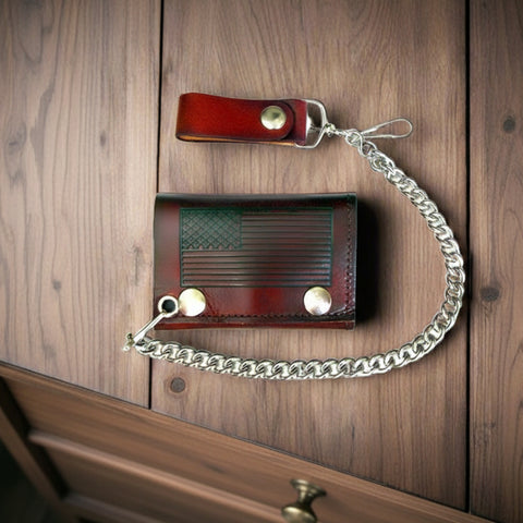 American Flag Brown Leather Chain Wallet