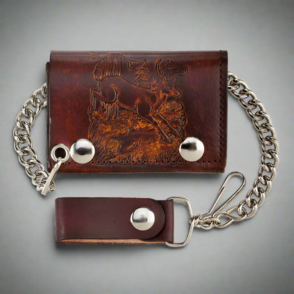 antique embossed trifold deer bikers wallet with chain