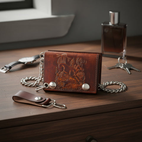 Antique Embossed Trifold Deer Bikers Wallet with Chain