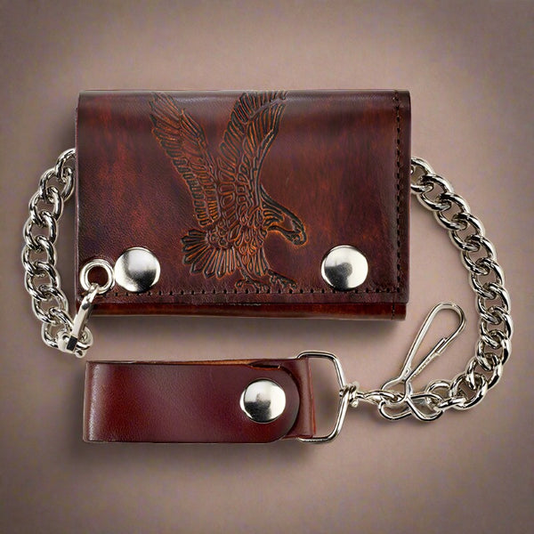 antique embossed trifold eagle bikers wallet with chain