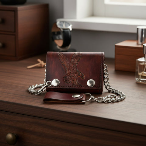 Antique Embossed Trifold Eagle Bikers Wallet with Chain