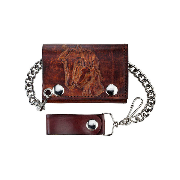 antique embossed trifold horses bikers wallet with chain
