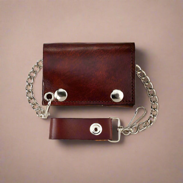 antique leather trifold wallet with chain