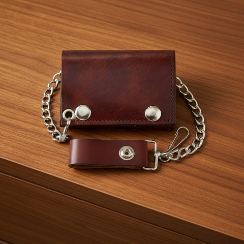 Antique Leather Trifold Wallet with Chain