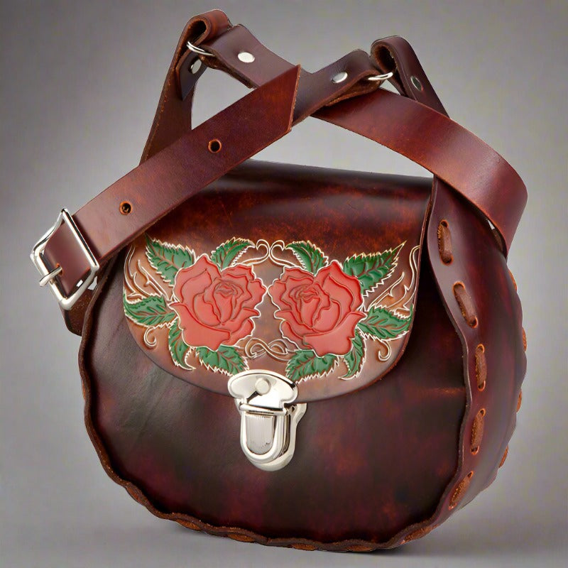 70s ROSE EMBOSSED HANDBAG Vintage Floral Leaf Leather Bag 