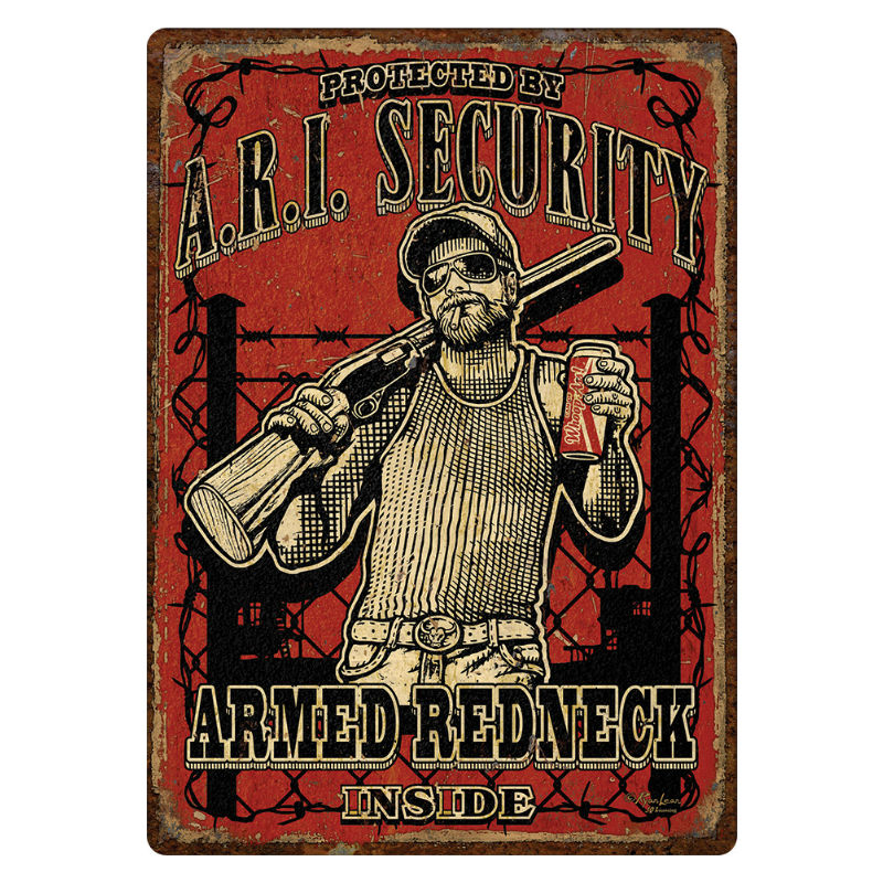 armed redneck inside tin sign