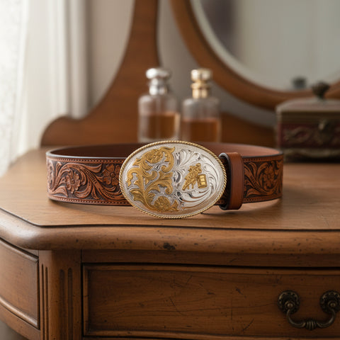 Barrel Racer German Silver & Gold Floral Scrolls Belt Buckle