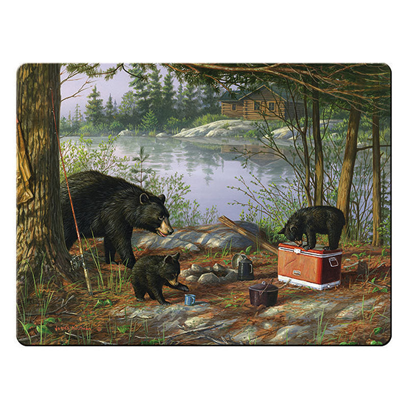 bear family campfire glass cutting board