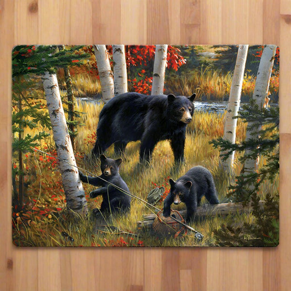 bear family fall follies glass cutting board