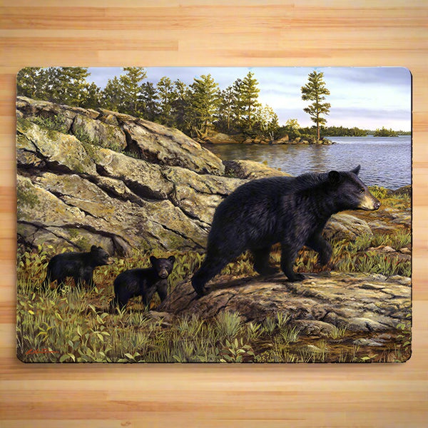 bear family rock climbing glass cutting board