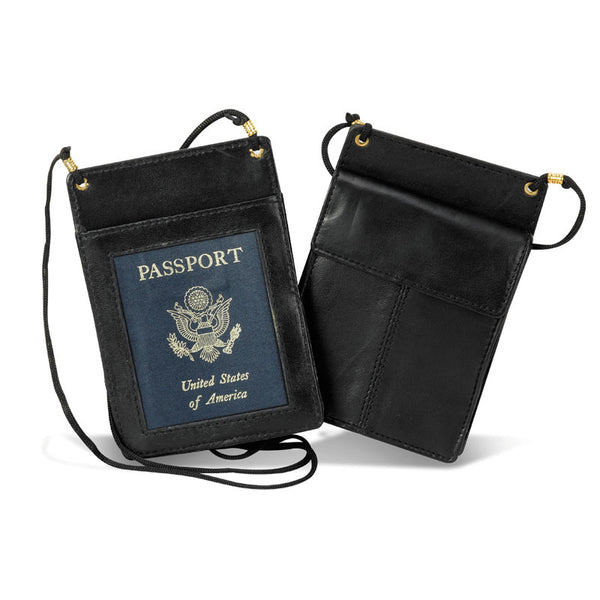 black leather passport wallet with lanyard