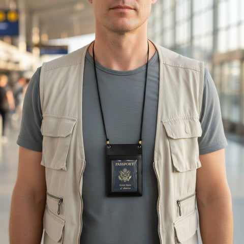 Black Leather Passport Wallet with Lanyard
