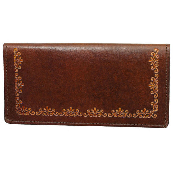 brown filigree stamped leather checkbook wallet