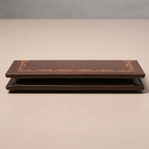 Brown Filigree Stamped Leather Checkbook Wallet