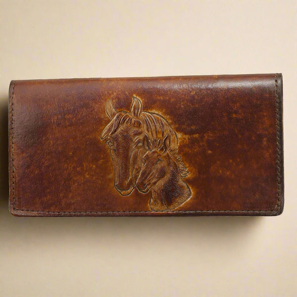 brown horsehead stamped leather checkbook wallet