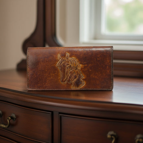 Brown Horsehead Stamped Leather Checkbook Wallet