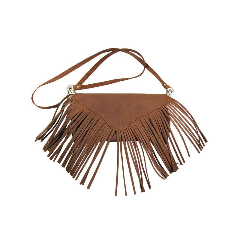 brown suede leather cross body fringe purse