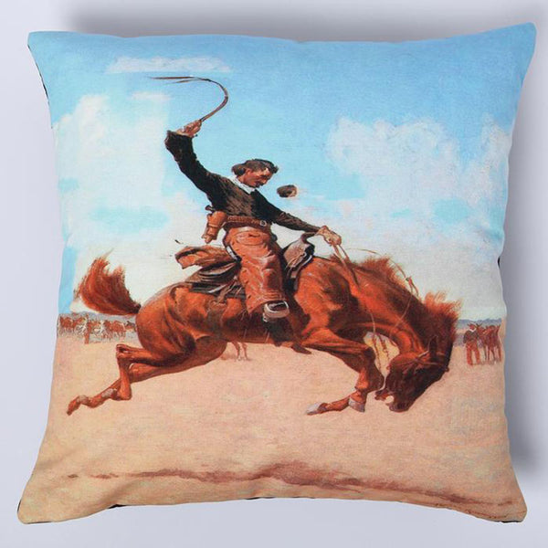 bucking bronco horse and rider digital print pillow cover