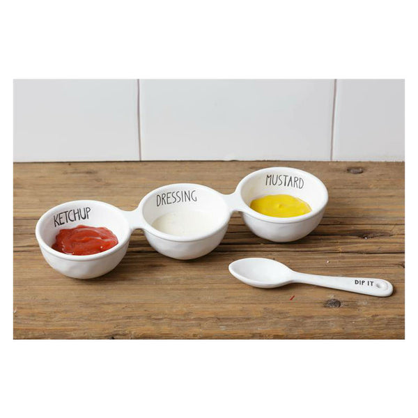 ceramic divided condiment bowl and spoon set