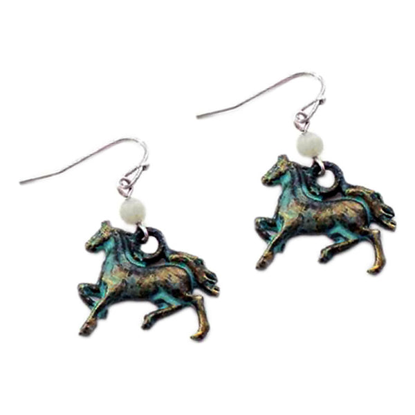 copper patina running horse earrings