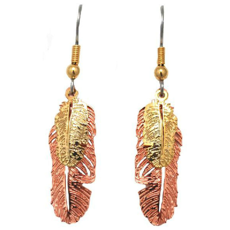 copper plated double feather earrings