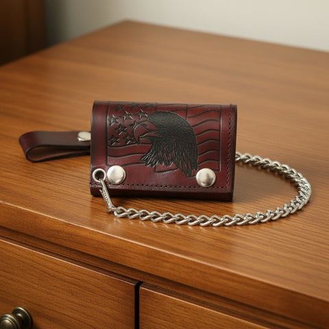 Eagle and Flag Brown Leather Chain Wallet