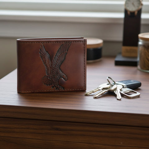 Embossed Eagle Antiqued Brown Leather Bifold Wallet