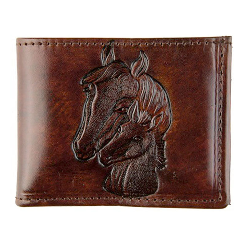 embossed horses antique brown leather bifold wallet
