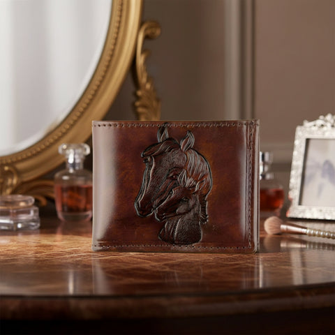 Embossed Horses Antique Brown Leather Bifold Wallet