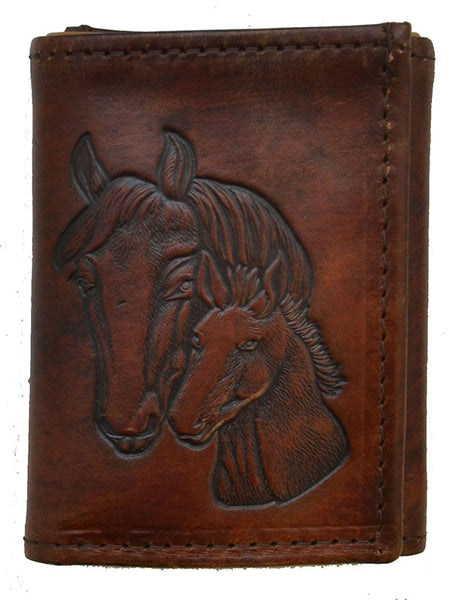 embossed horses antique brown leather trifold wallet
