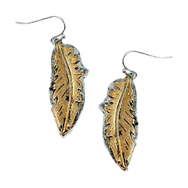 etched two tone feather earrings