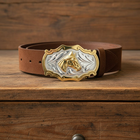 German Gold and Silver Horsehead Belt Buckle