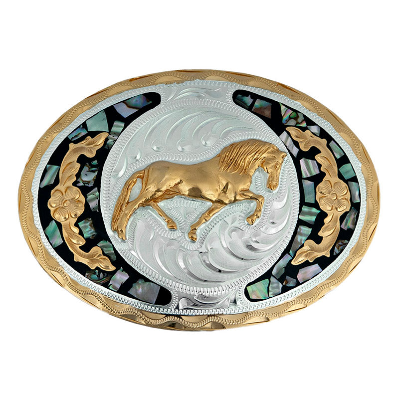 german silver & abalone galloping horse belt buckle