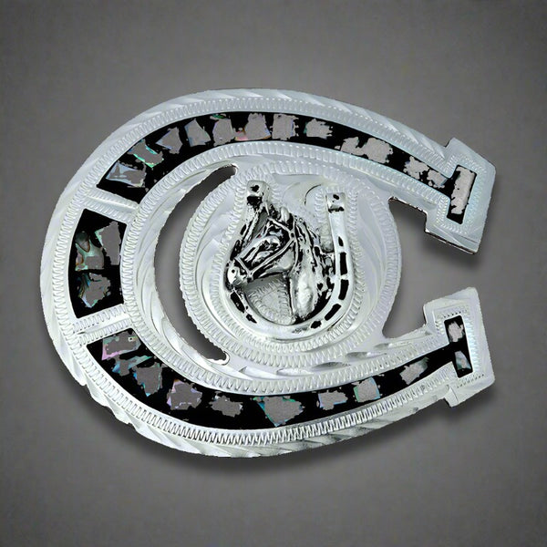 german silver & abalone horseshoe belt buckle