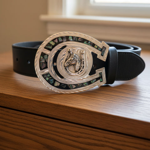 German Silver & Abalone Horseshoe Belt Buckle