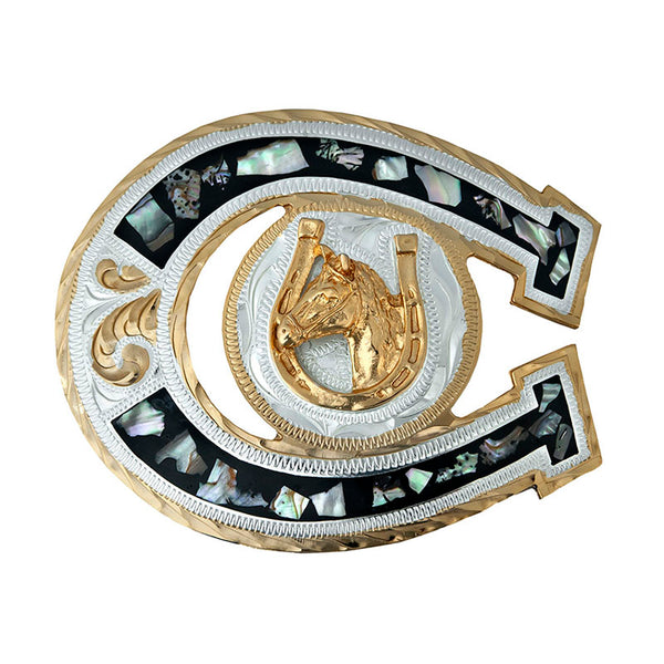 german silver & gold abalone horseshoe belt buckle