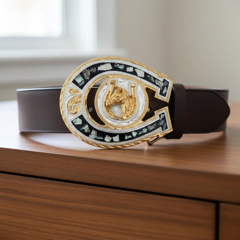 German Silver & Gold Abalone Horseshoe Belt Buckle