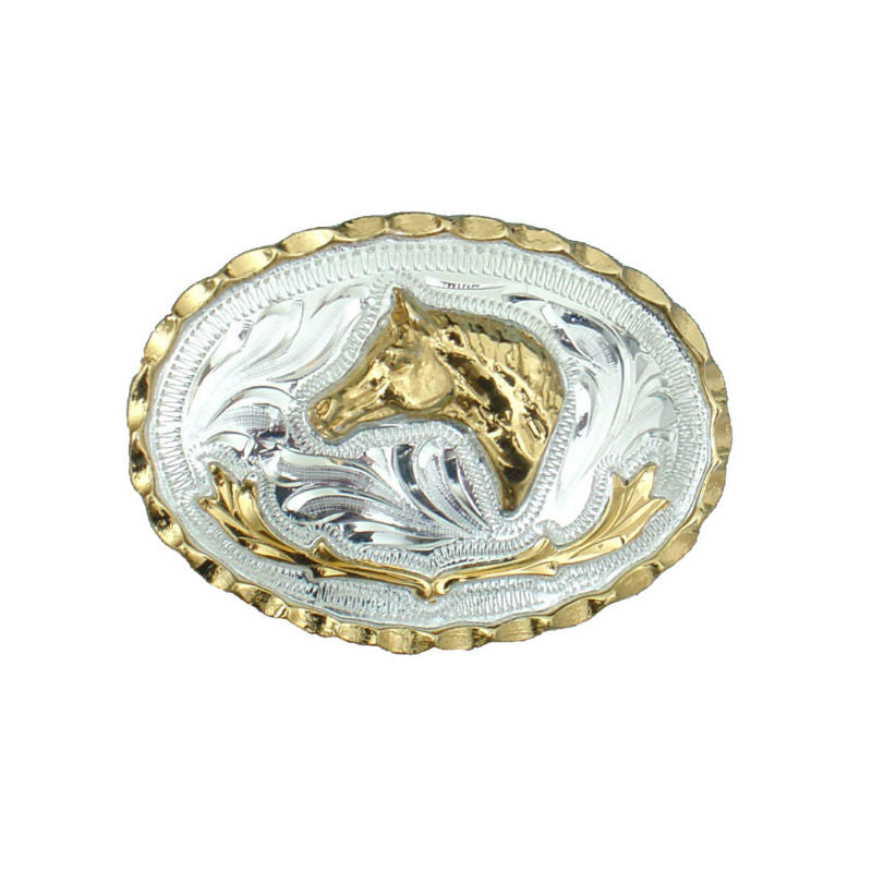 german silver and gold horsehead belt buckle