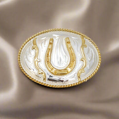 Gold Horseshoe & Abalone Plated Silver Belt Buckle Prancing Horse measures 3.5 in x 3 offers in