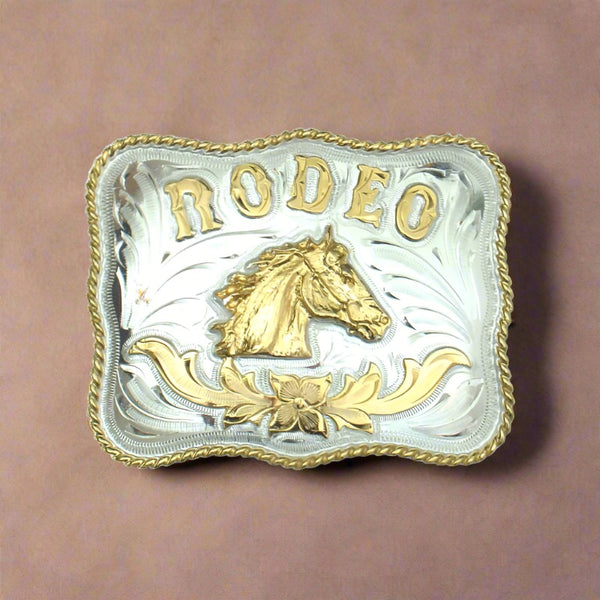 german silver and gold rodeo horse belt buckle