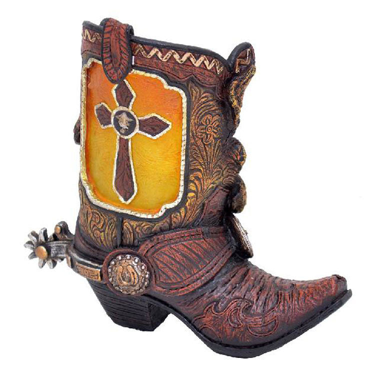 glowing cross cowboy boot candle holder