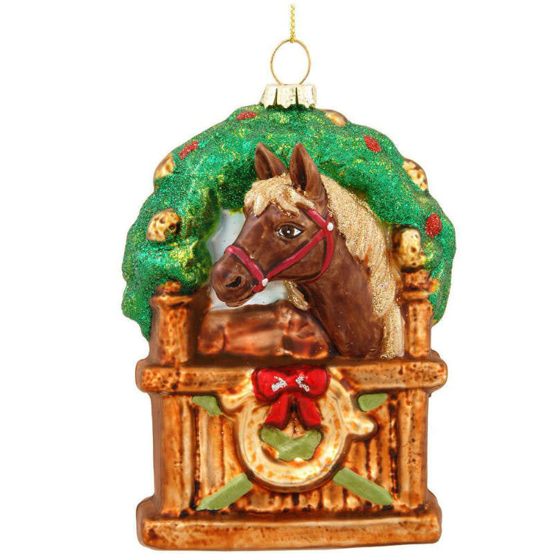 horse in stable glass ornament