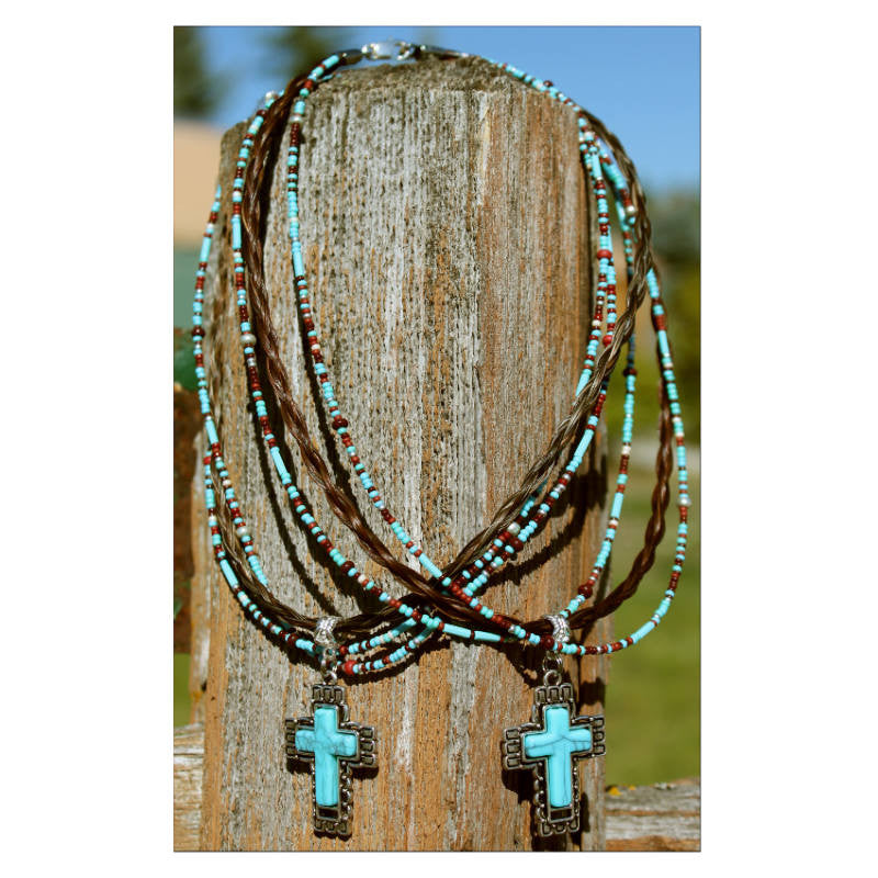 Boho Cross With Turquoise Triple Layered Necklace Long - justdandy