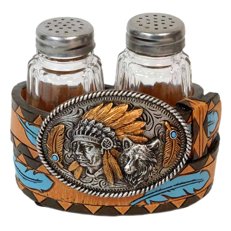 indian chief and wolf belt buckle salt and pepper shakers set